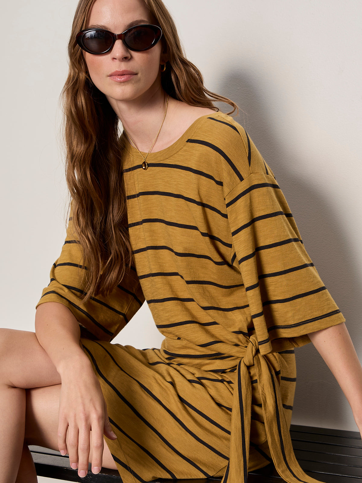 EASIER TOGETHER TIE KNIT DRESS CUMIN/BLACK STRIPE | Sanctuary Clothing