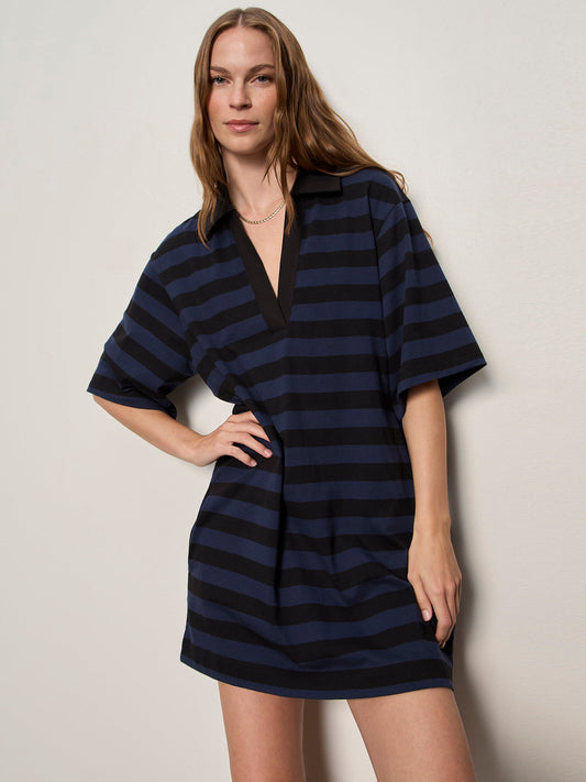 BOYFRIEND COLLAR KNIT DRESS BLACK AND NAVY BLAZER STRIPE | Sanctuary Clothing