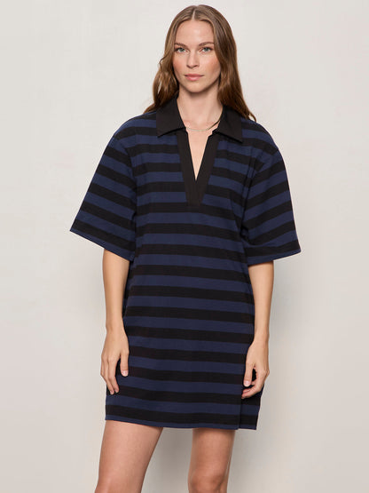 BOYFRIEND COLLAR KNIT DRESS BLACK AND NAVY BLAZER STRIPE | Sanctuary Clothing