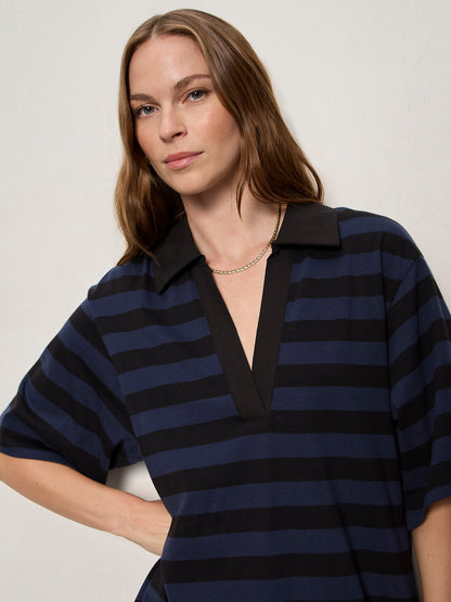 BOYFRIEND COLLAR KNIT DRESS BLACK AND NAVY BLAZER STRIPE | Sanctuary Clothing