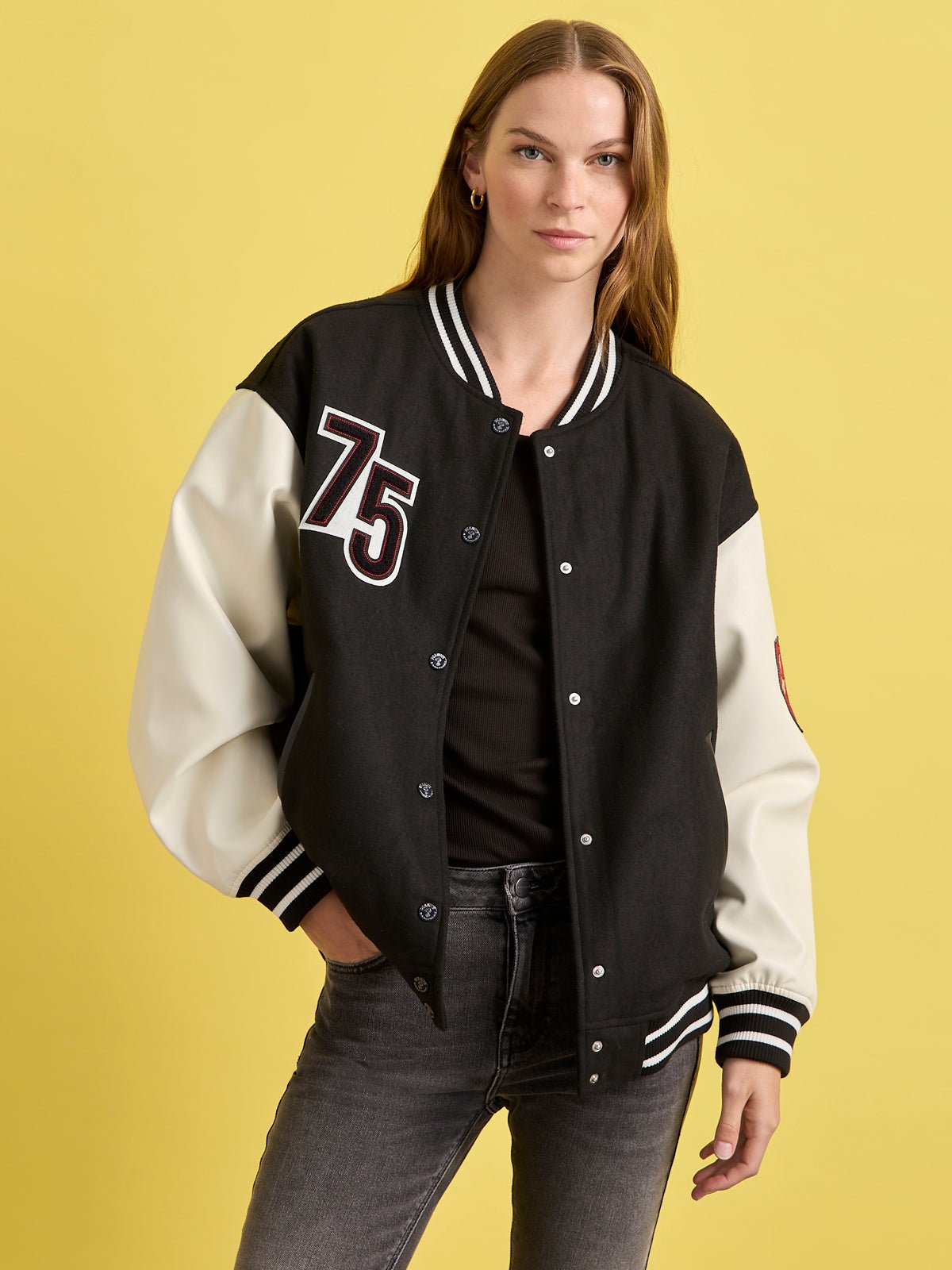 75 VARSITY JACKET BLACK/WHITE | Sanctuary Clothing