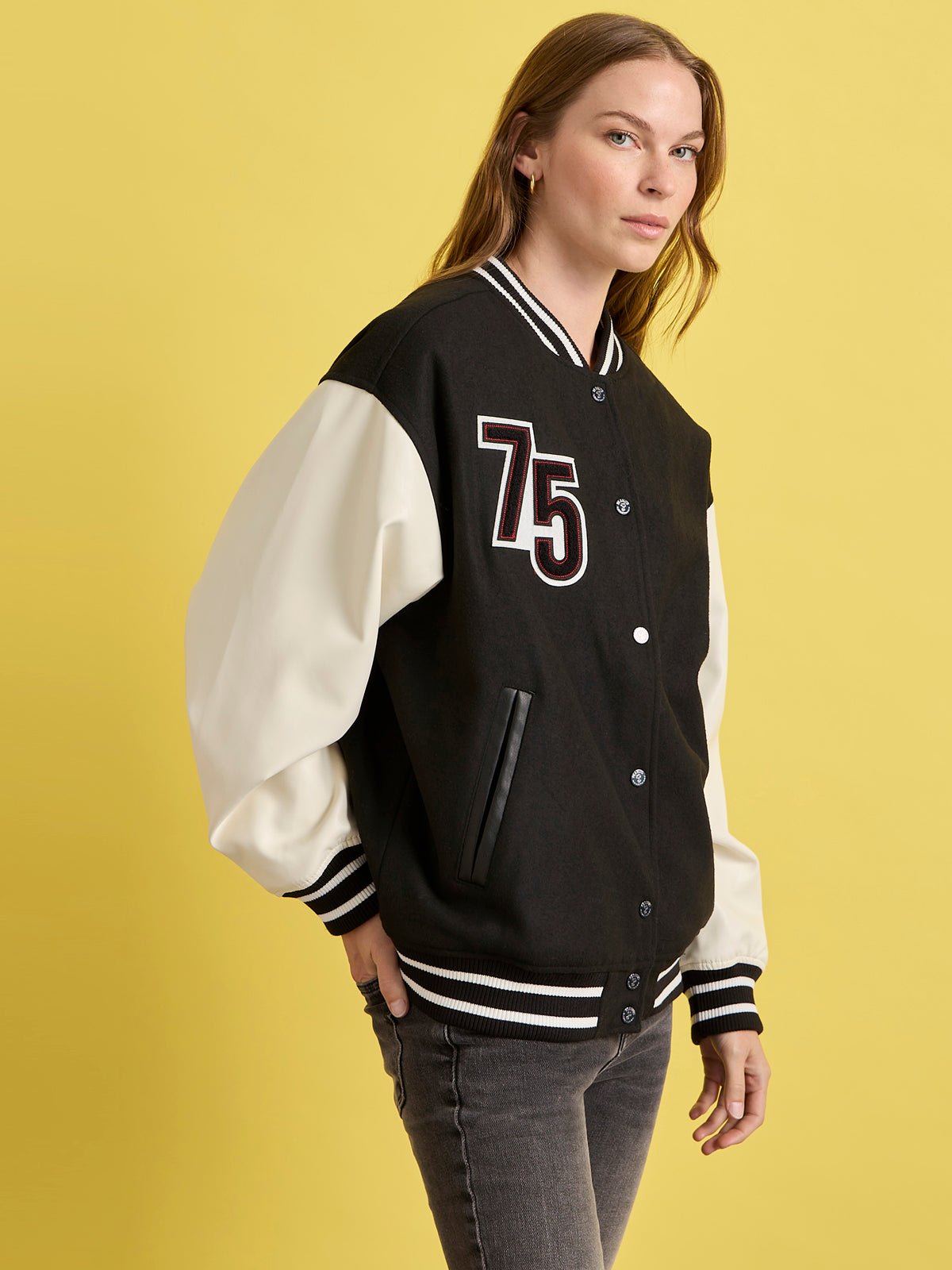 75 VARSITY JACKET BLACK/WHITE | Sanctuary Clothing