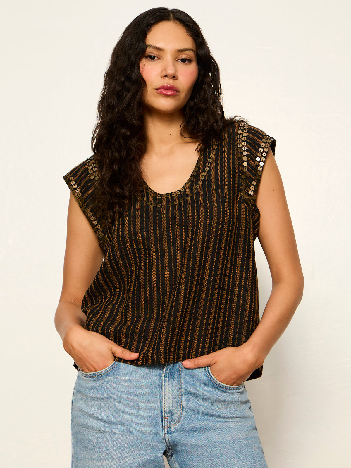 OUTSIDER EMBELLISHED SHELL TOP DARK CUMIN/BLACK STRIPE | Sanctuary Clothing