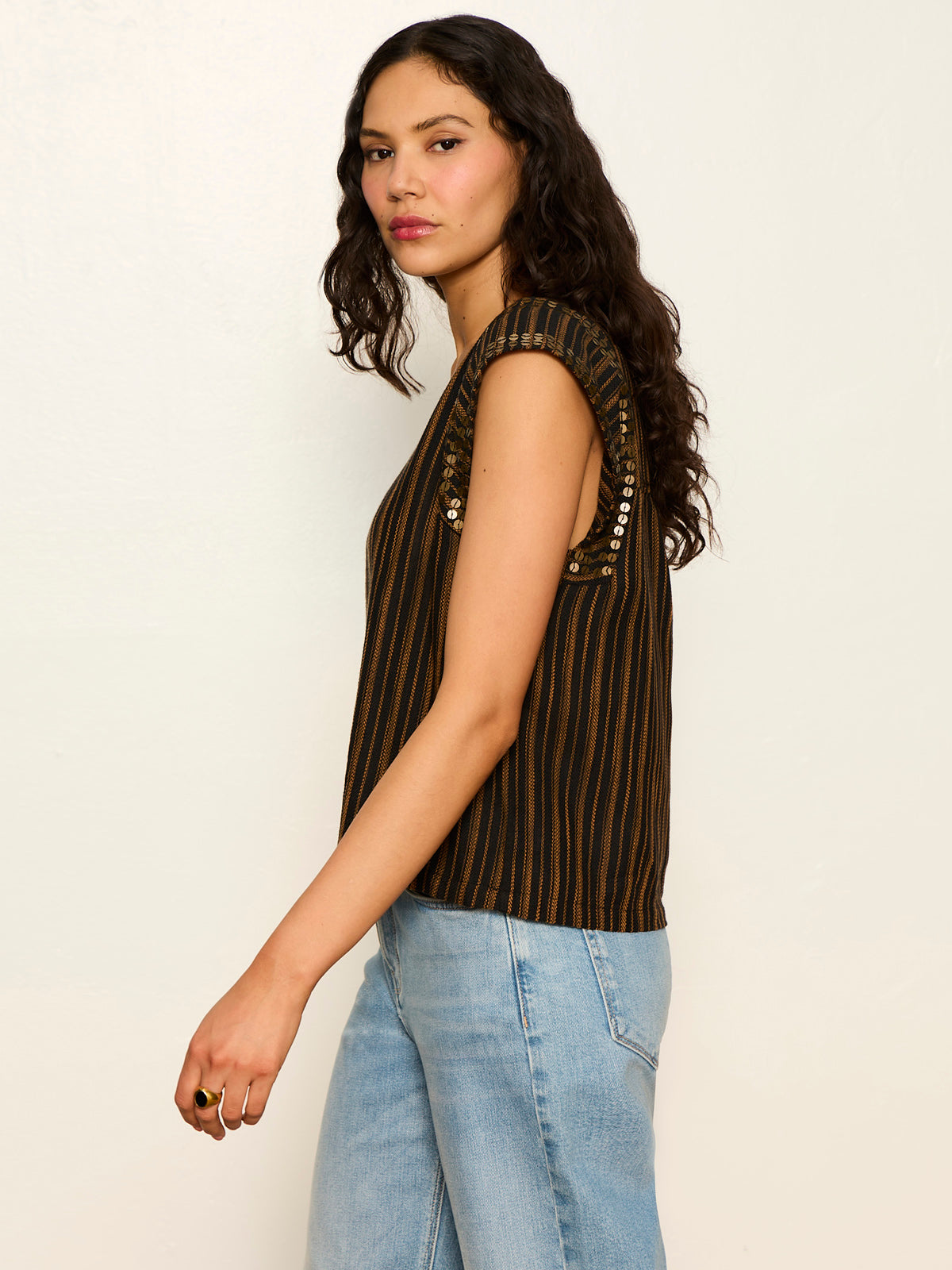 OUTSIDER EMBELLISHED SHELL TOP DARK CUMIN/BLACK STRIPE | Sanctuary Clothing