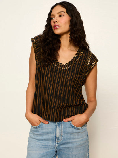 OUTSIDER EMBELLISHED SHELL TOP DARK CUMIN/BLACK STRIPE | Sanctuary Clothing