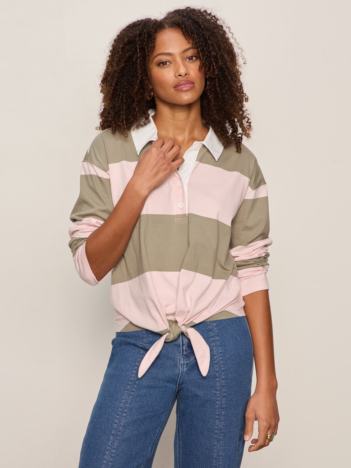 RUGBY TIE FRONT TEE OXYGEN PINK/OLIVE TREE STRIPE | Sanctuary Clothing