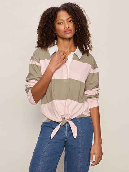 RUGBY TIE FRONT TEE OXYGEN PINK/OLIVE TREE STRIPE | Sanctuary Clothing