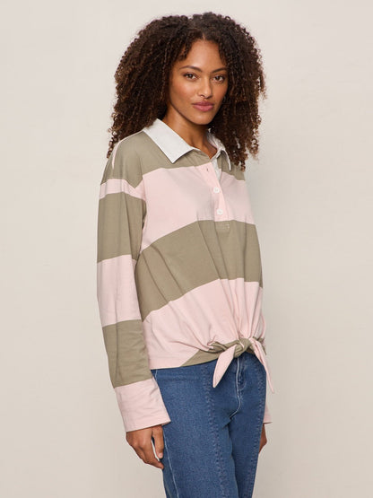 RUGBY TIE FRONT TEE OXYGEN PINK/OLIVE TREE STRIPE | Sanctuary Clothing