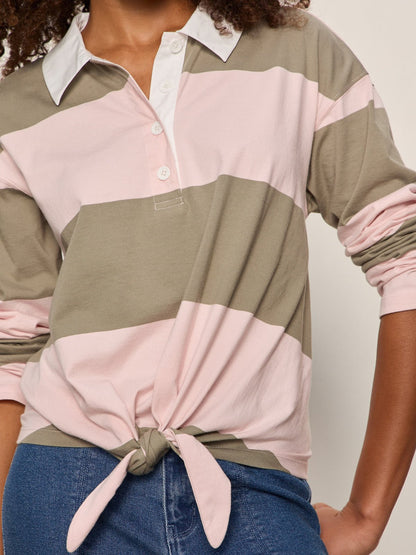 RUGBY TIE FRONT TEE OXYGEN PINK/OLIVE TREE STRIPE | Sanctuary Clothing