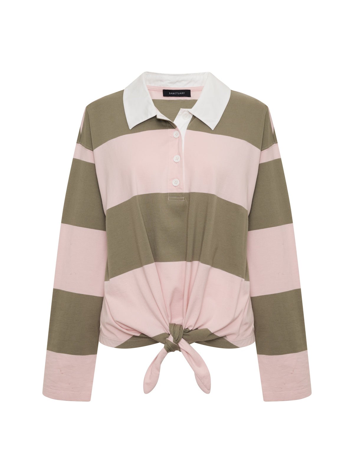 RUGBY TIE FRONT TEE OXYGEN PINK/OLIVE TREE STRIPE | Sanctuary Clothing