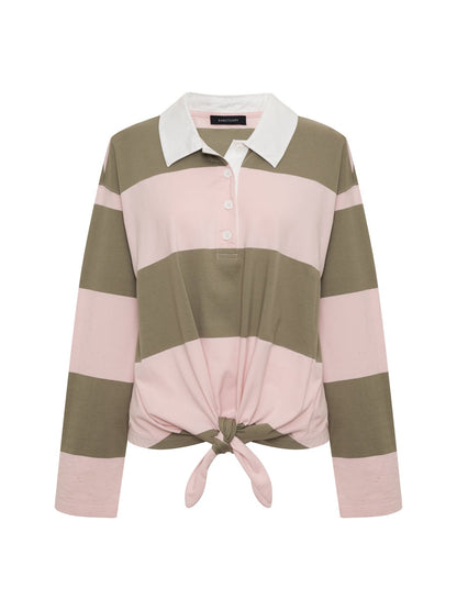 RUGBY TIE FRONT TEE OXYGEN PINK/OLIVE TREE STRIPE | Sanctuary Clothing