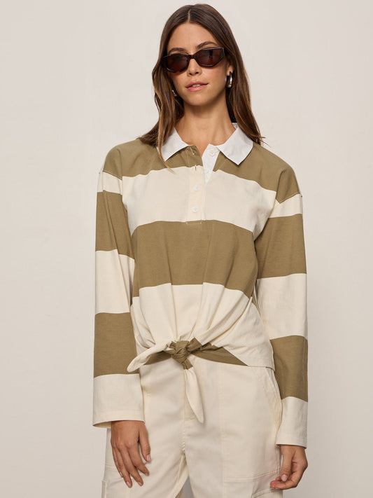 RUGBY TIE FRONT TEE COVERT GREEN/COLLAGEN STRIPE | Sanctuary Clothing
