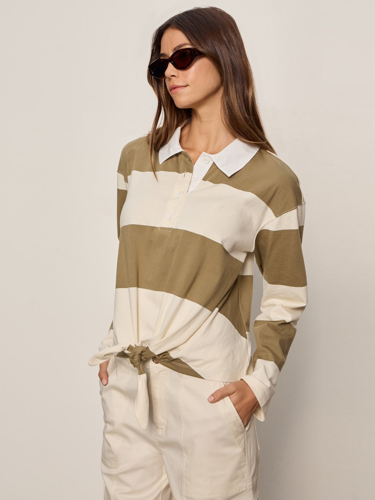 RUGBY TIE FRONT TEE COVERT GREEN/COLLAGEN STRIPE | Sanctuary Clothing