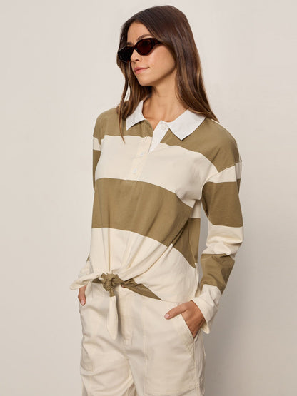 RUGBY TIE FRONT TEE COVERT GREEN/COLLAGEN STRIPE | Sanctuary Clothing