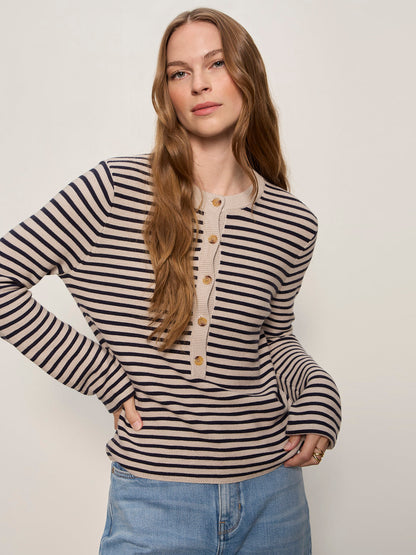 EVERYDAY HENLEY SWEATER DARK OPAL/INKSTORM STRIPE | Sanctuary Clothing