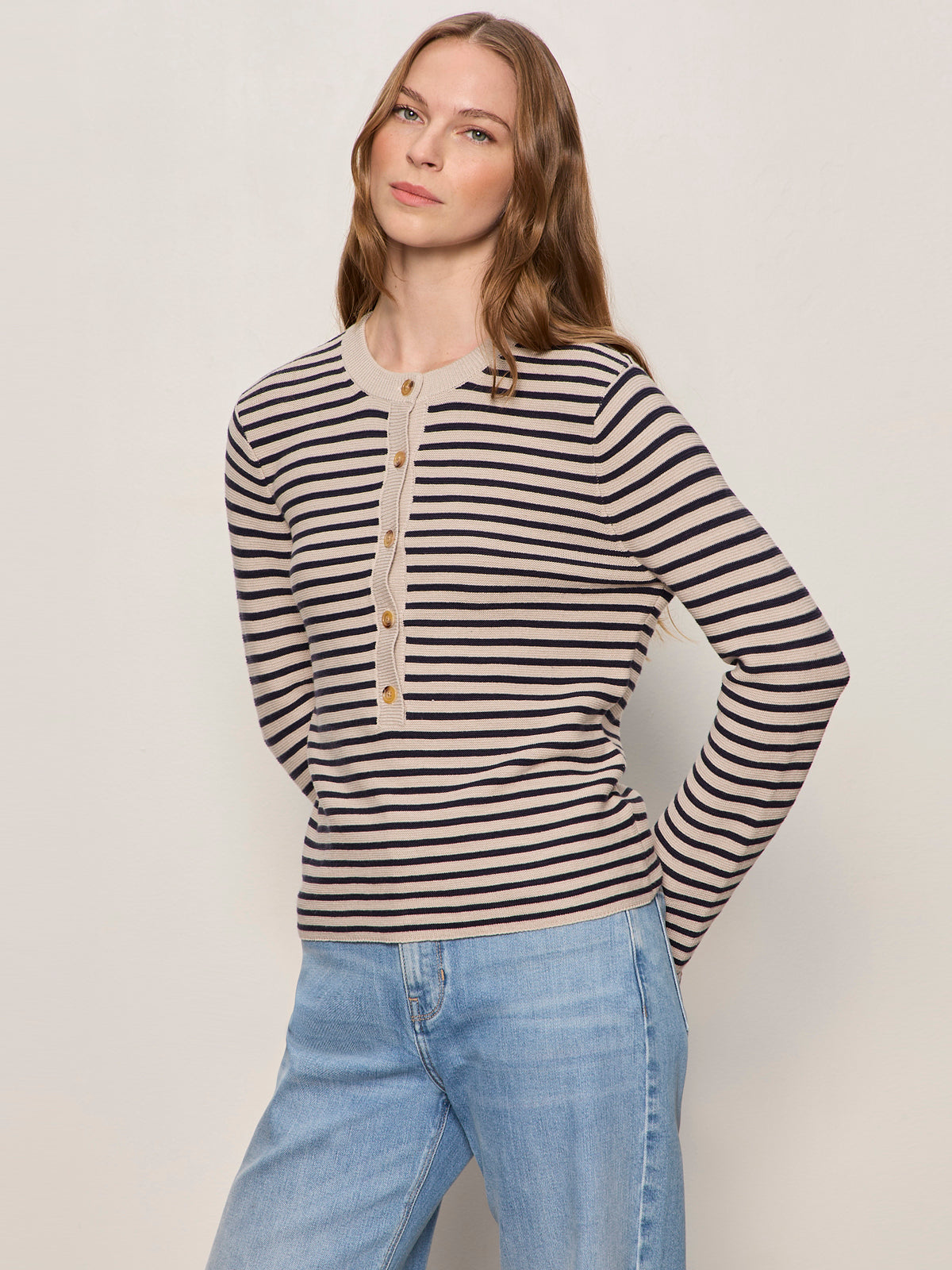 EVERYDAY HENLEY SWEATER DARK OPAL/INKSTORM STRIPE | Sanctuary Clothing