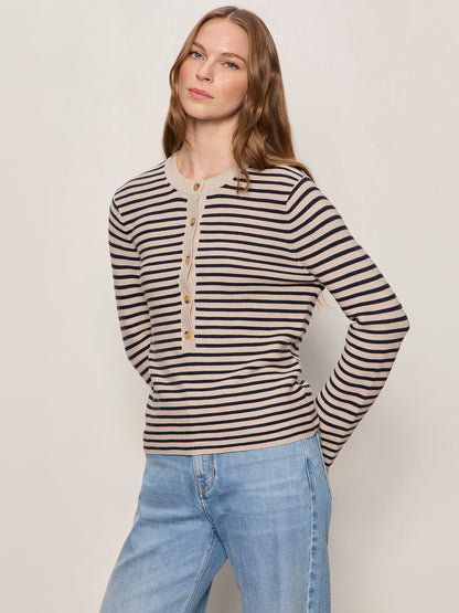 EVERYDAY HENLEY SWEATER DARK OPAL/INKSTORM STRIPE | Sanctuary Clothing