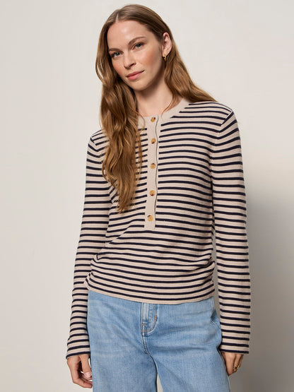EVERYDAY HENLEY SWEATER DARK OPAL/INKSTORM STRIPE | Sanctuary Clothing
