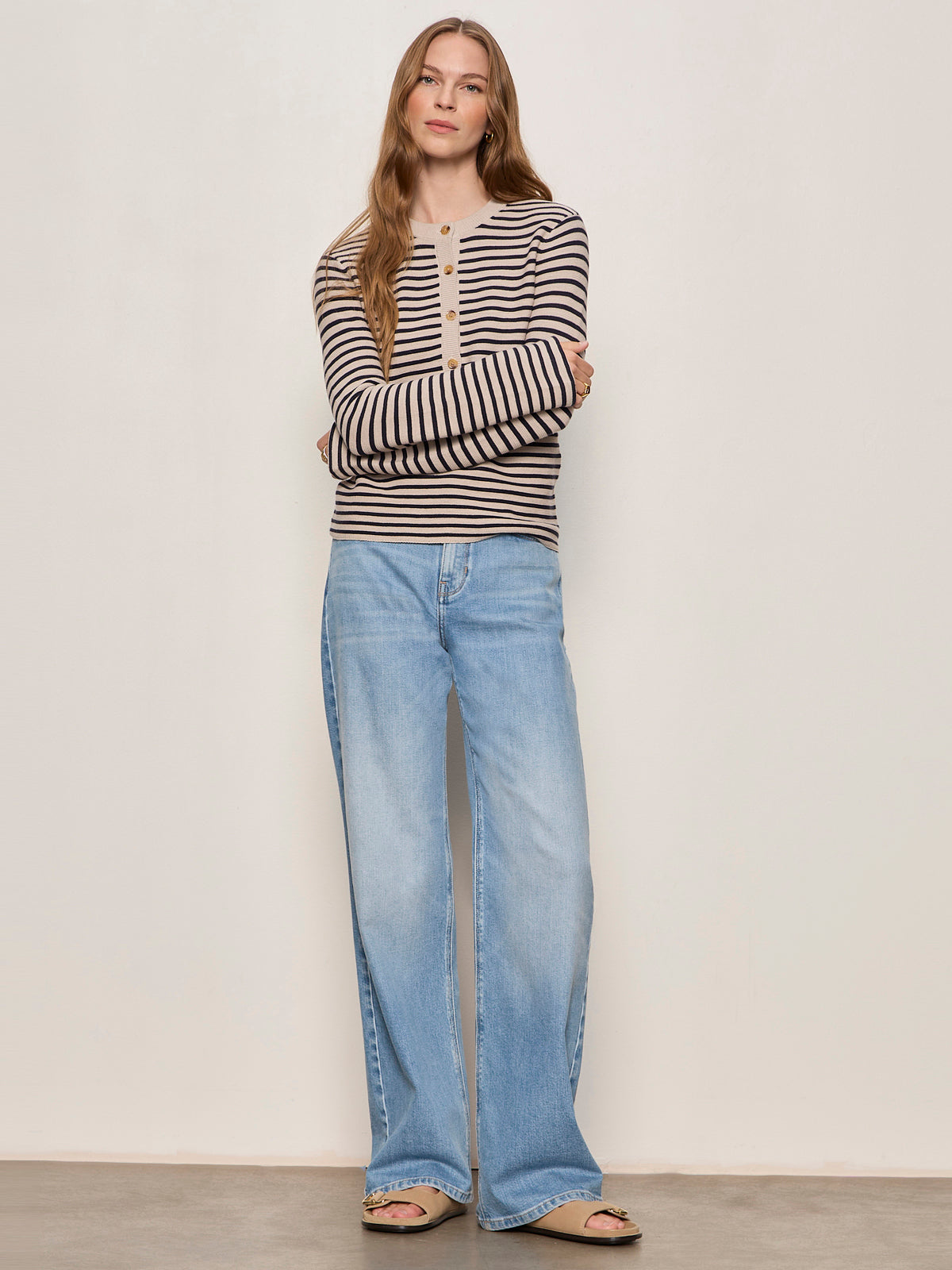 EVERYDAY HENLEY SWEATER DARK OPAL/INKSTORM STRIPE | Sanctuary Clothing