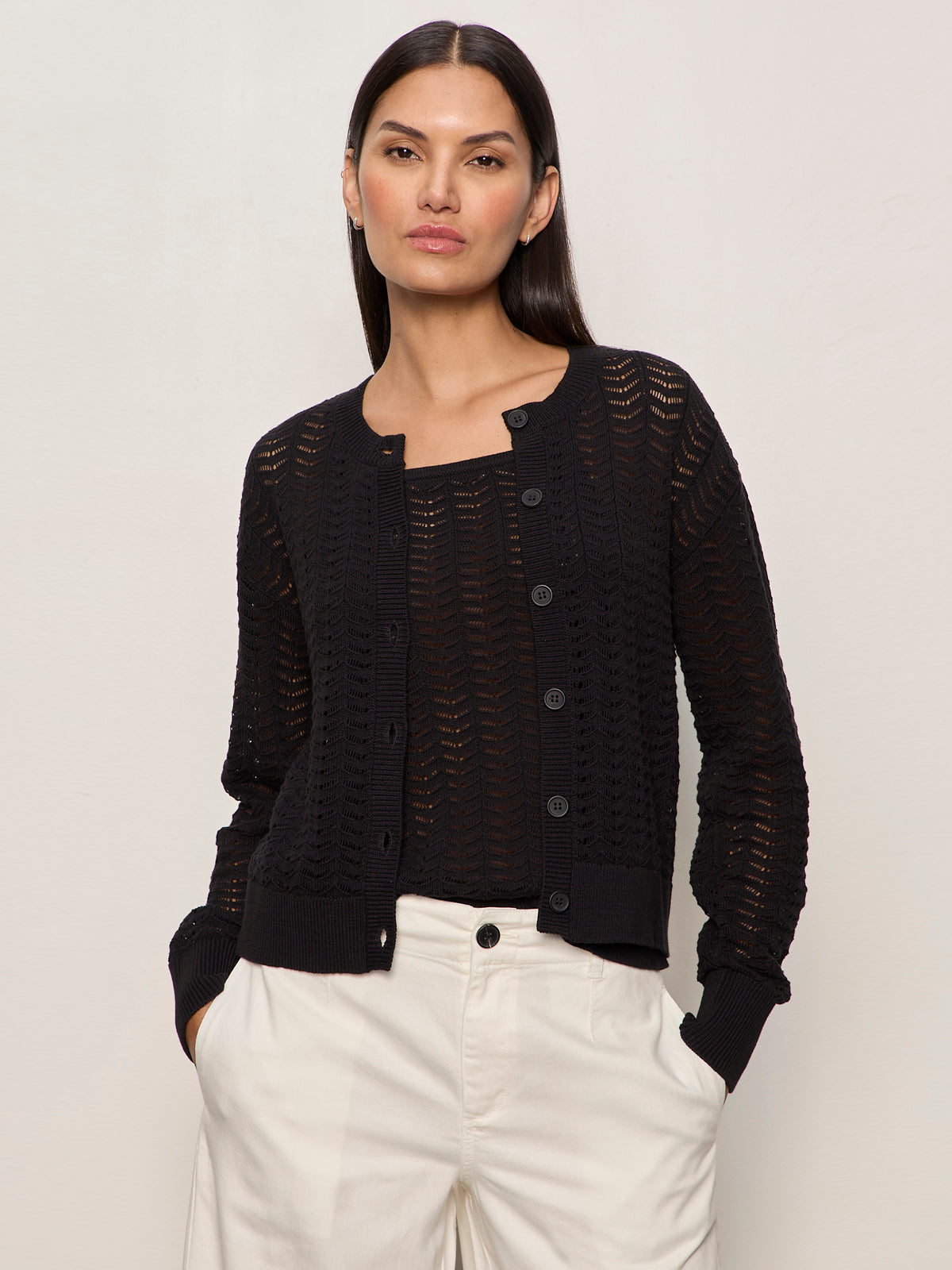 FOR KEEPS POINTELLE CARDIGAN BLACK | Sanctuary Clothing