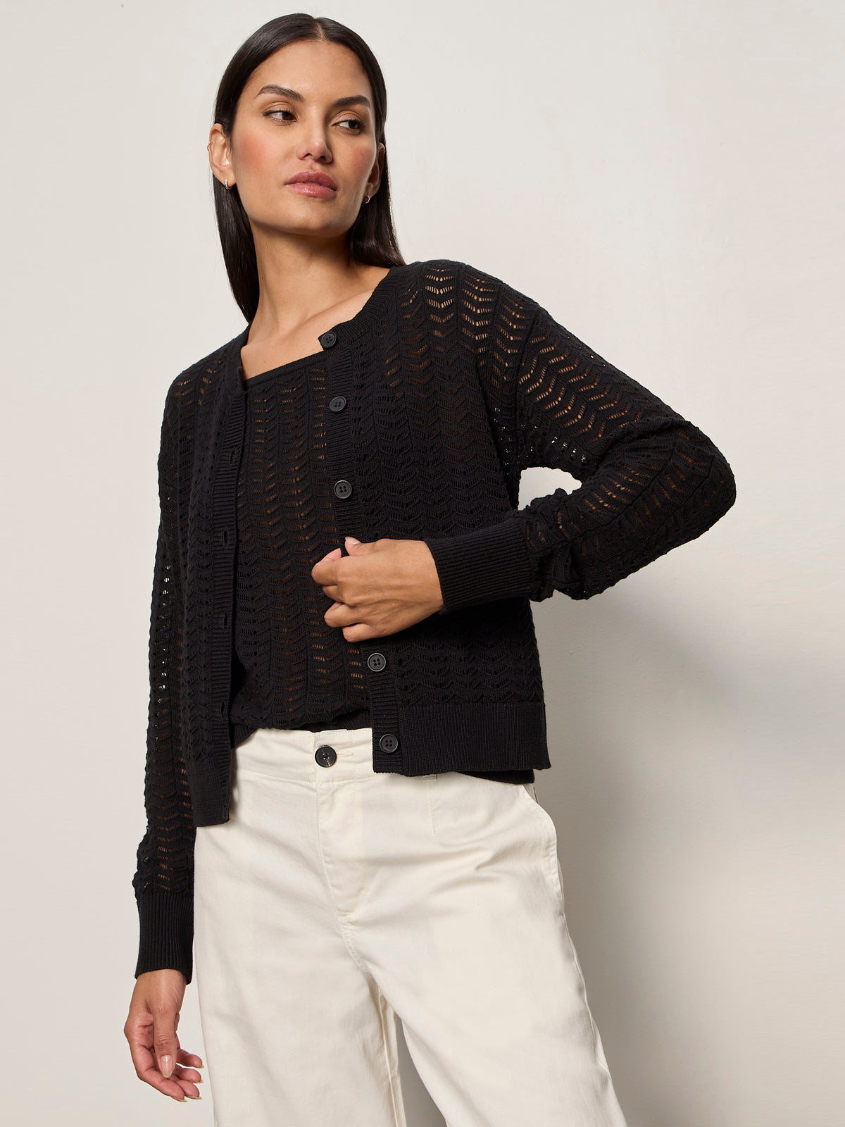 FOR KEEPS POINTELLE CARDIGAN BLACK | Sanctuary Clothing