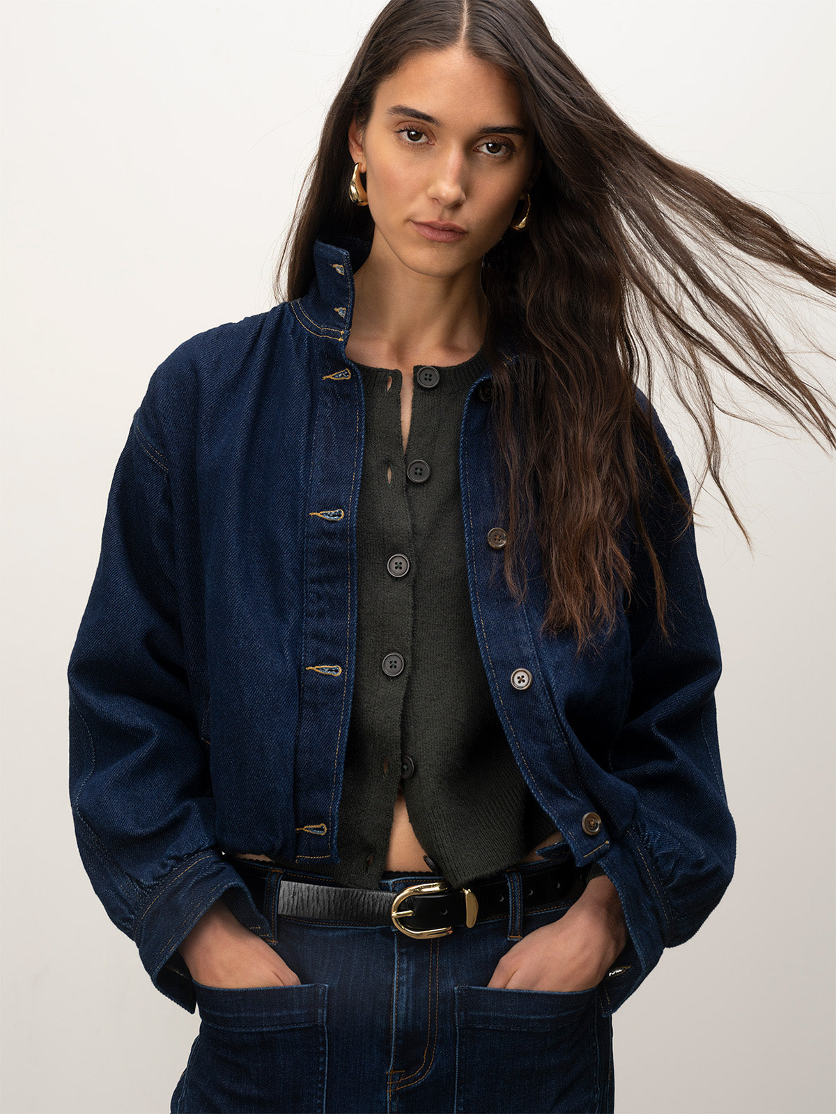 Bubble Hem Bomber Jacket Dark Denim | Sanctuary Clothing