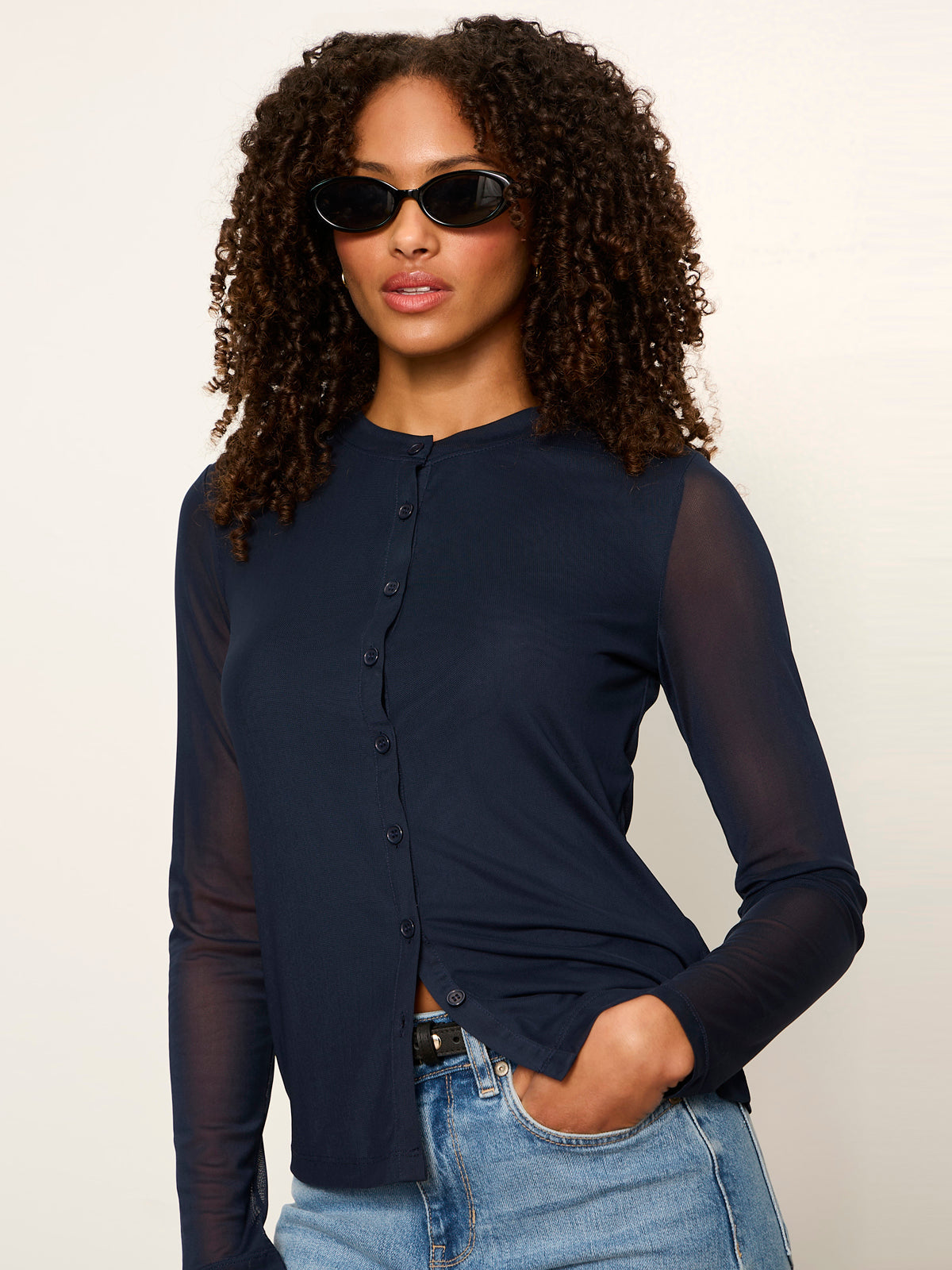 Mesh Long Sleeve Cardigan Navy Blazer | Sanctuary Clothing
