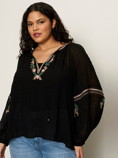 Raye Embroidered Blouse Black Extended Sizing | Sanctuary Clothing