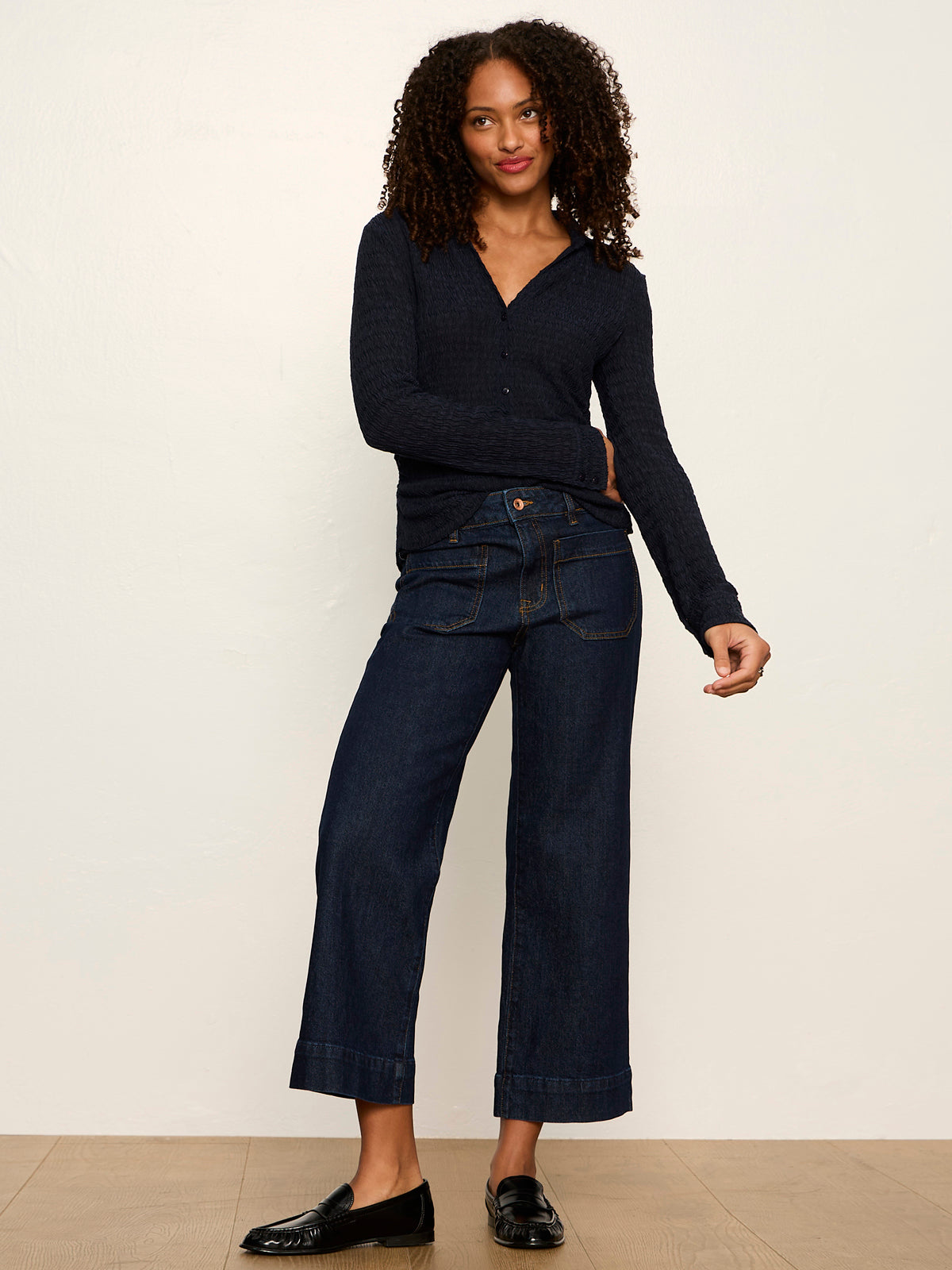 Juno Textured Button Front Top Navy Blazer | Sanctuary Clothing