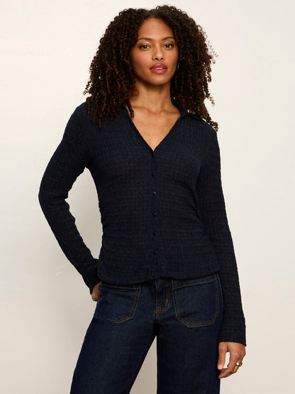 Juno Textured Button Front Top Navy Blazer | Sanctuary Clothing