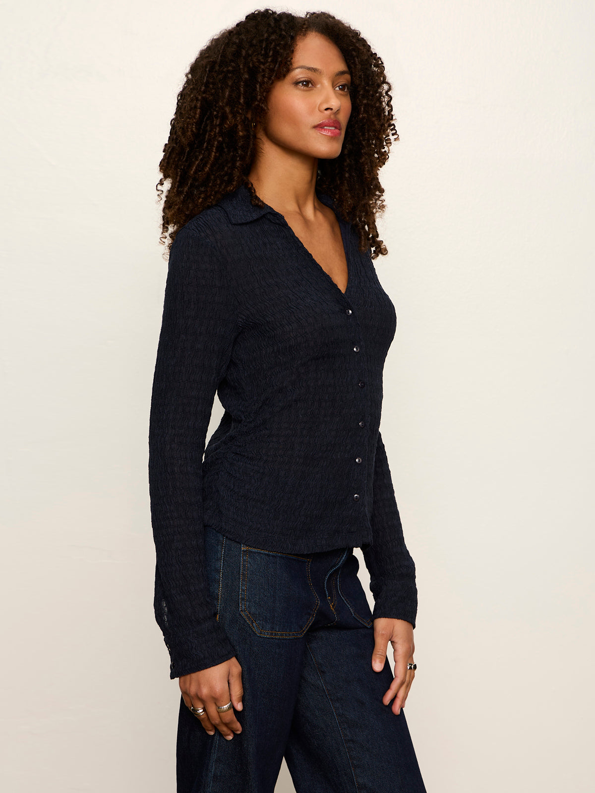 Juno Textured Button Front Top Navy Blazer | Sanctuary Clothing