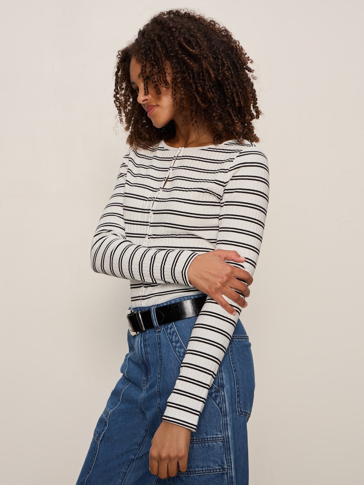 Button Front Ribbed Top Chalk / Black Stripe | Sanctuary Clothing