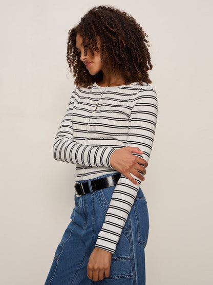 Button Front Ribbed Top Chalk / Black Stripe | Sanctuary Clothing