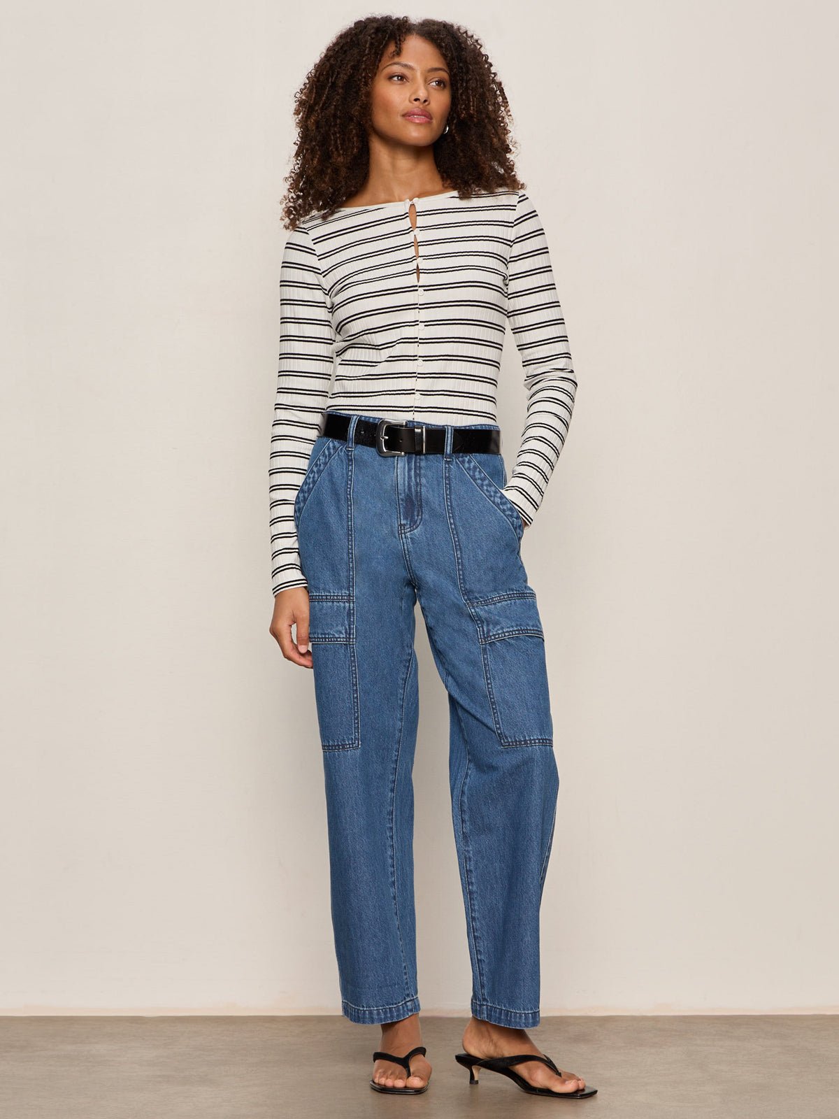 Button Front Ribbed Top Chalk / Black Stripe | Sanctuary Clothing