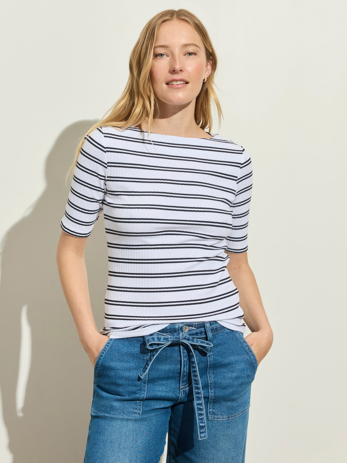 BOATNECK RIBBED TOP CHALK/BLACK STRIPE | Sanctuary Clothing