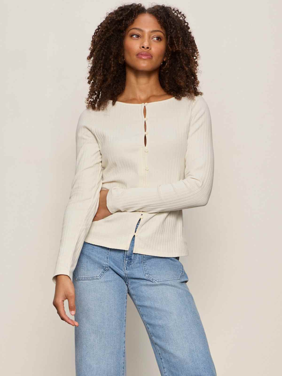 BUTTON FRONT RIBBED TOP COLLAGEN | Sanctuary Clothing