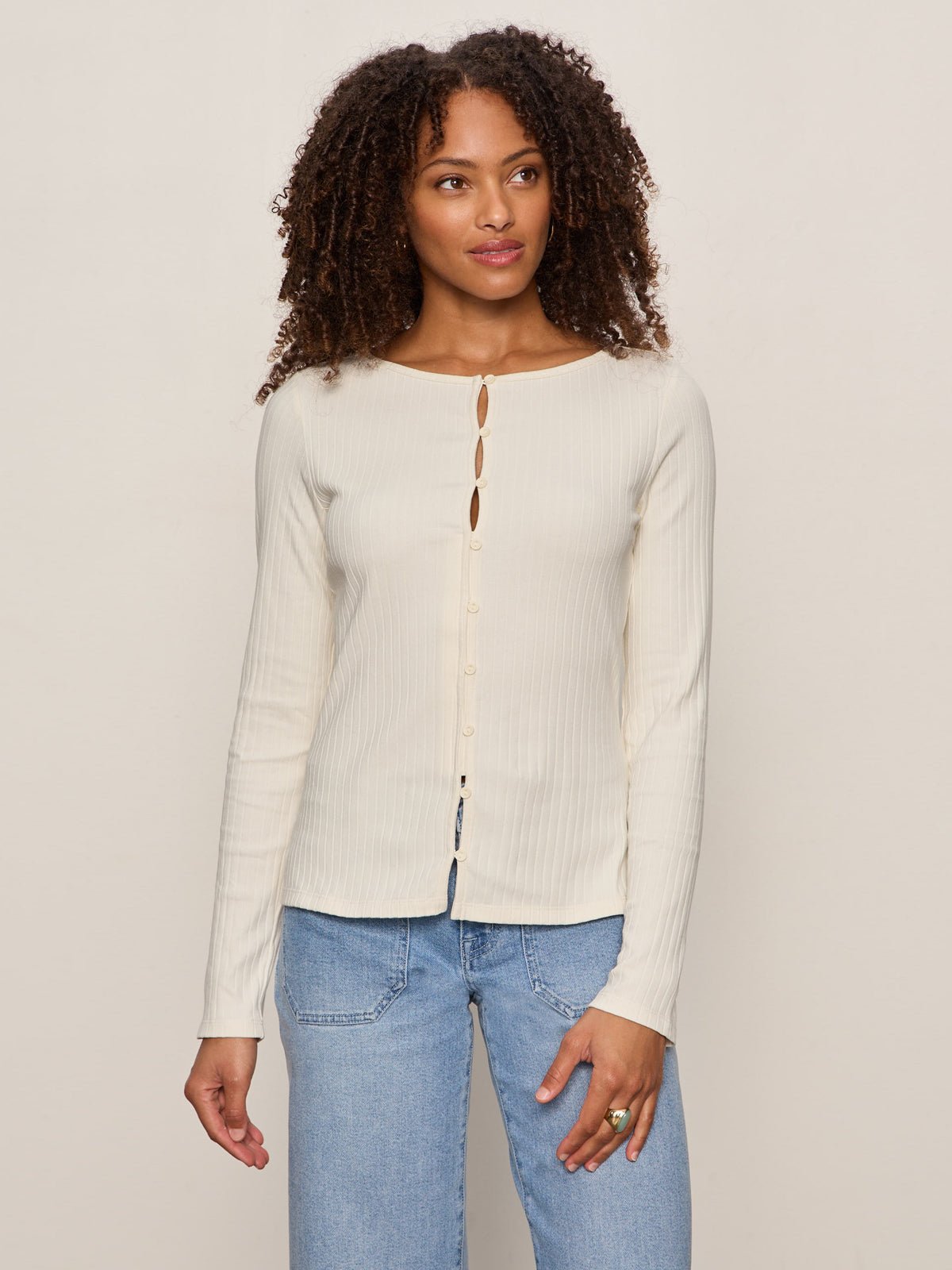 BUTTON FRONT RIBBED TOP COLLAGEN | Sanctuary Clothing